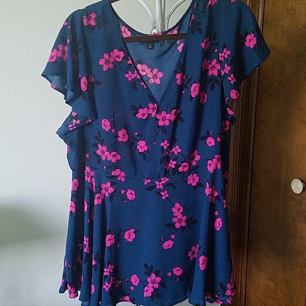 torrid Blue Floral Wrap-Style Top with Pink Flowers